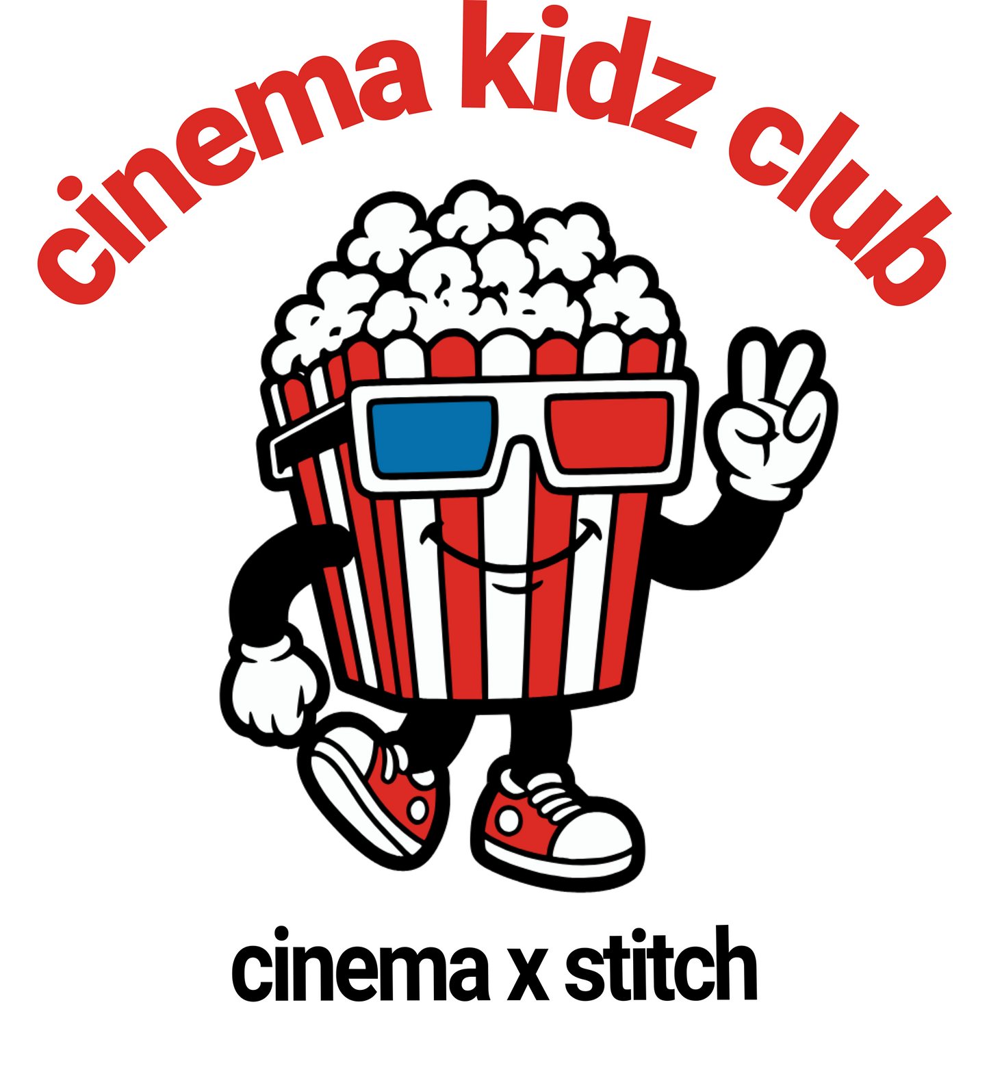 A cartoon popcorn bucket character wearing red and blue 3D glasses, with red text reading 'cinema kidz club' above and 'cinema x stitch' below on a light gray background.