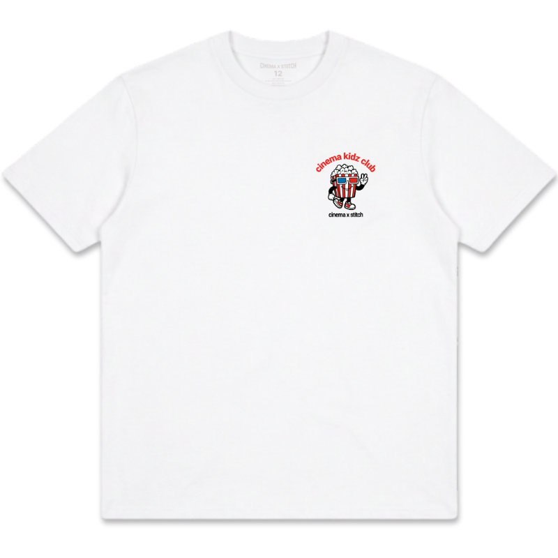 A white short-sleeve crewneck t-shirt with a small graphic on the left chest featuring a cartoon character and the text 'gymming kids club' and 'GREATING U 2023'.