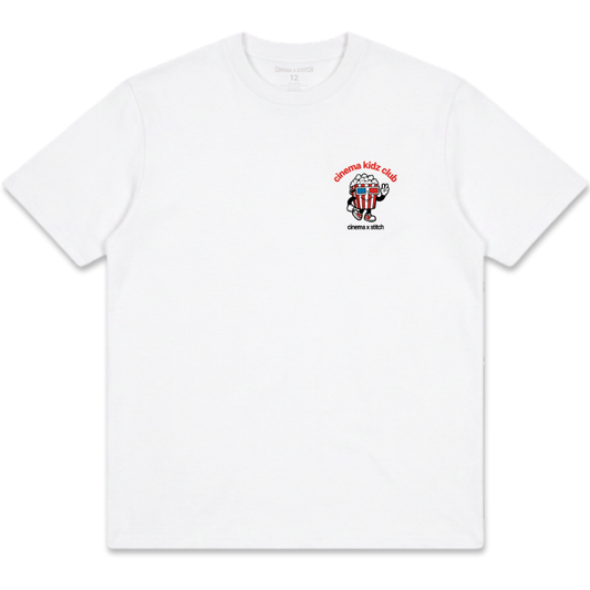 A white short-sleeve crewneck t-shirt with a small graphic on the left chest featuring a cartoon character and the text 'gymming kids club' and 'GREATING U 2023'.