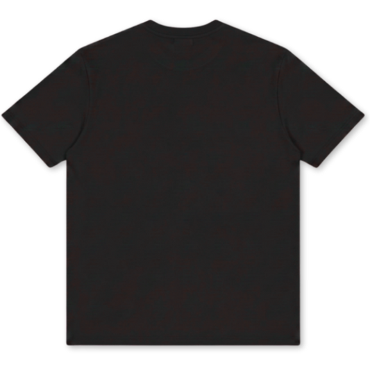 A plain black short-sleeve crewneck t-shirt shown from the back, laid flat against a white background.