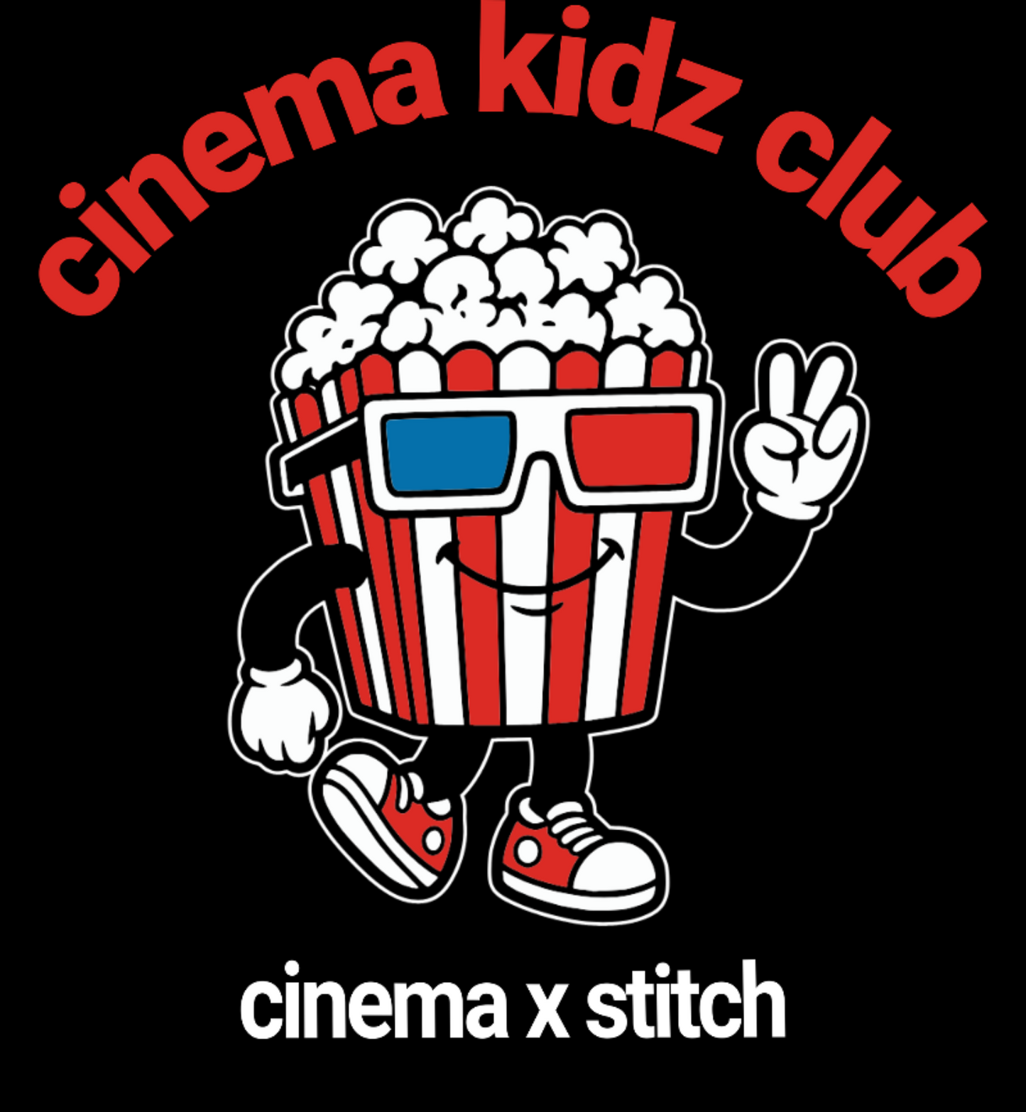 A cartoon popcorn bucket character with red and white stripes, blue and red 3D glasses, black arms, and red sneakers, under the words 'cinema kidz club' in red text on a white background.