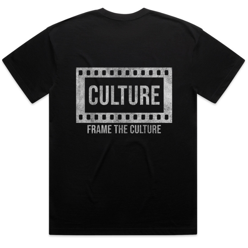 A black short-sleeve t-shirt with a distressed white graphic on the back featuring a film strip border, the word 'CULTURE' in bold, and the phrase 'FRAME THE CULTURE' underneath.