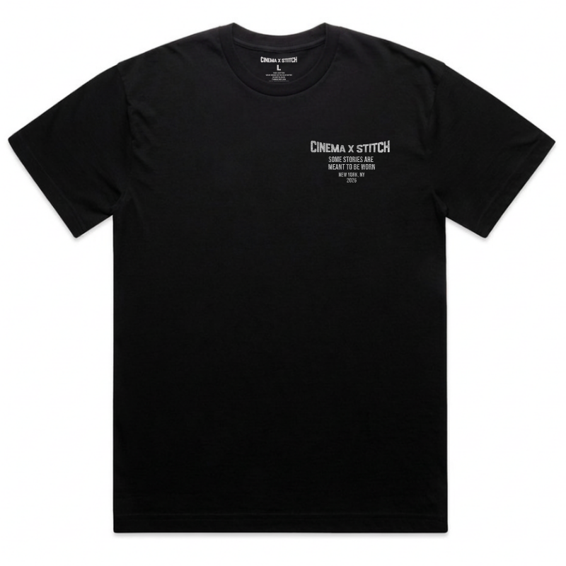 A black short-sleeve crewneck t-shirt with white printed text on the left chest reading 'CINEMA X STITCH'.