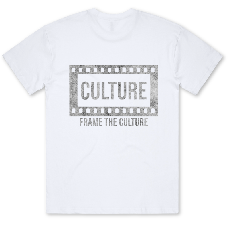 A white short-sleeve crewneck t-shirt featuring a distressed gray graphic on the chest. The graphic displays a film strip border enclosing the word 'CULTURE' in bold, with the phrase 'FRAME THE CULTURE' printed underneath.